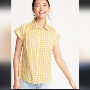 Old Navy Front Button Up Yellow Check Gingham Top Short Sleeve Size M Tall
